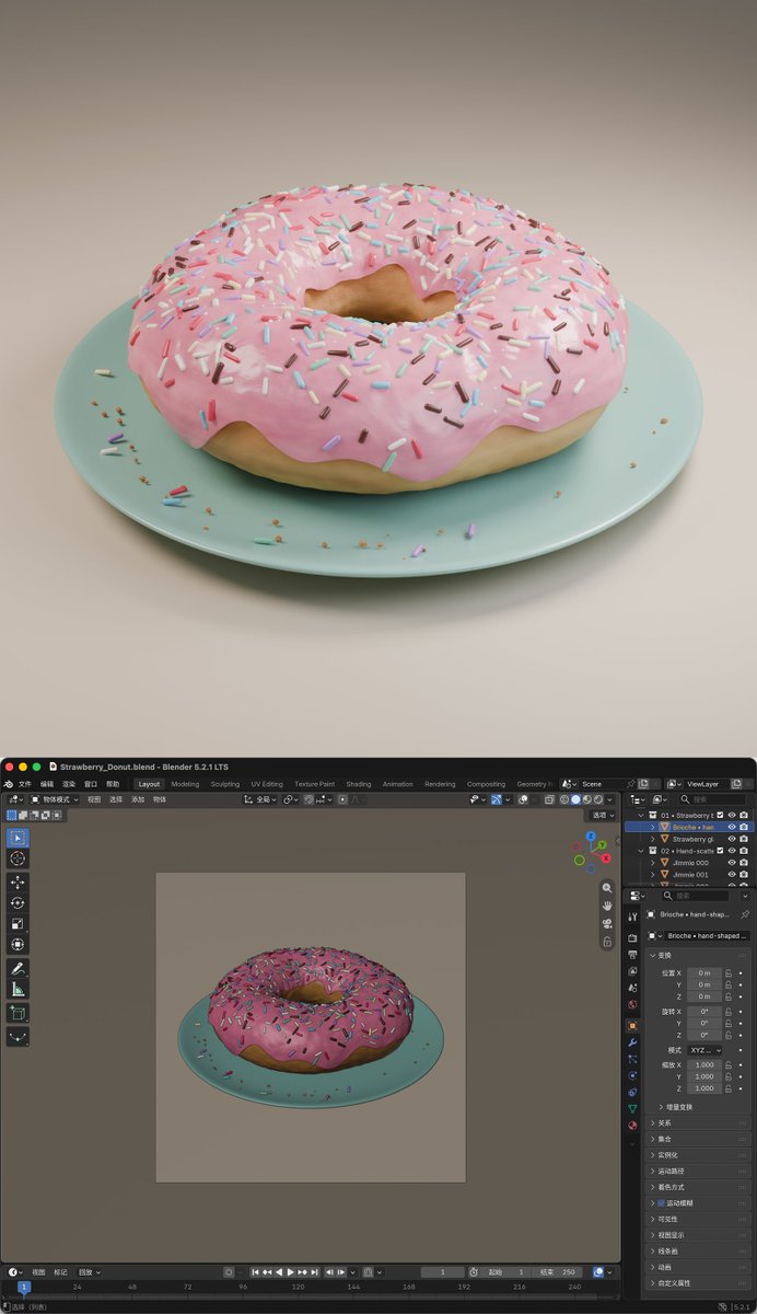 甜甜圈渲染图与 Blender 操作界面