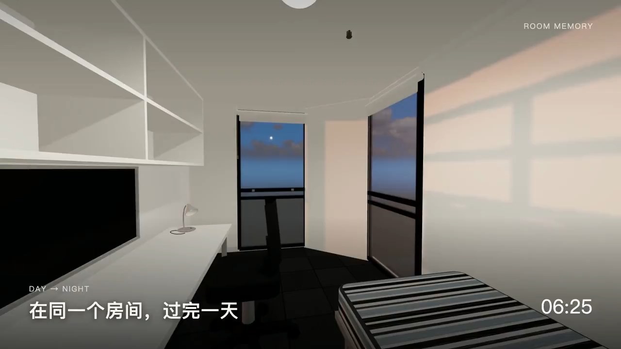 宿舍 3D 场景中的书桌、床铺与窗外光线