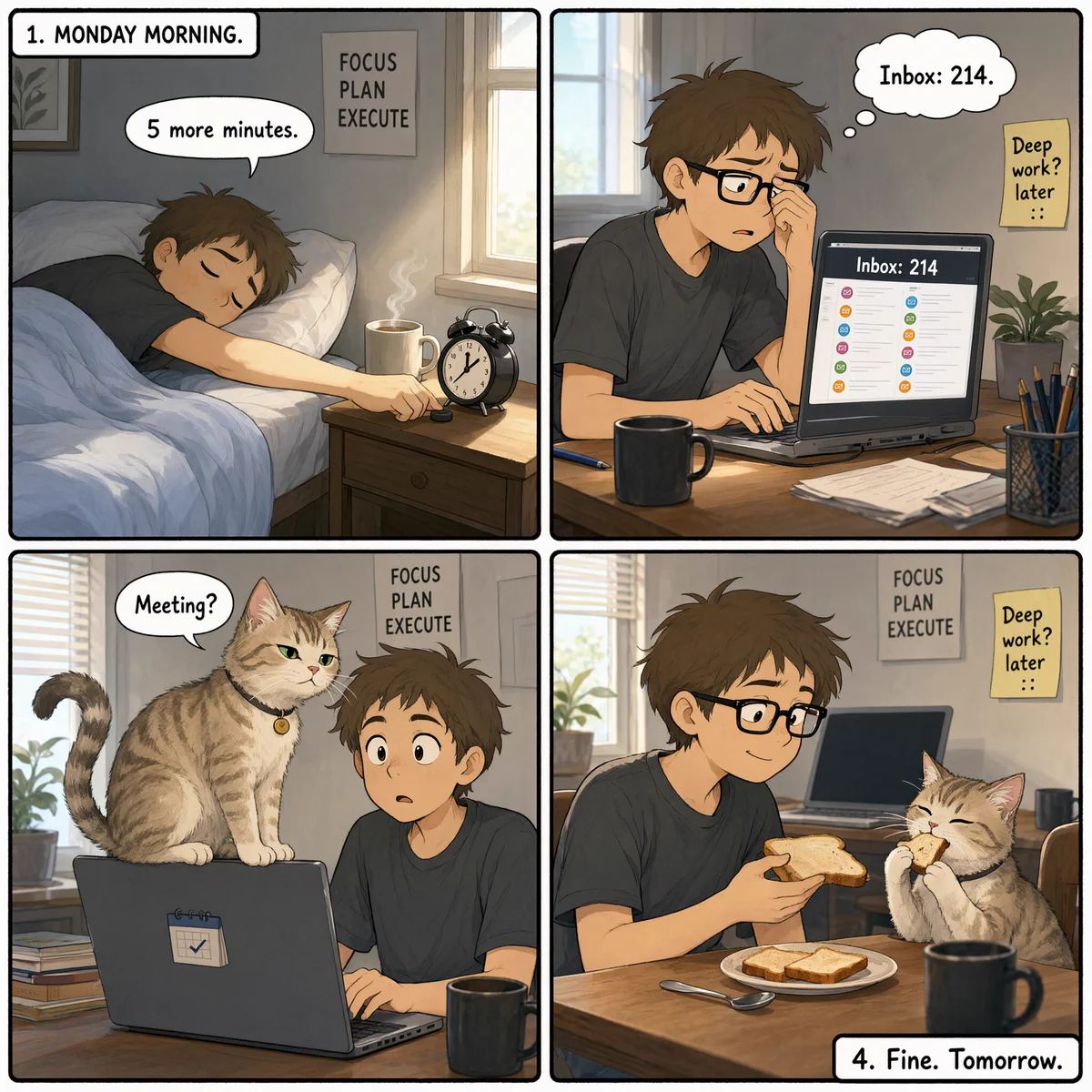 Richard C. Suwandi 分享的周一四格漫画:赖床、查看邮件、猫坐电脑、人与猫吃吐司